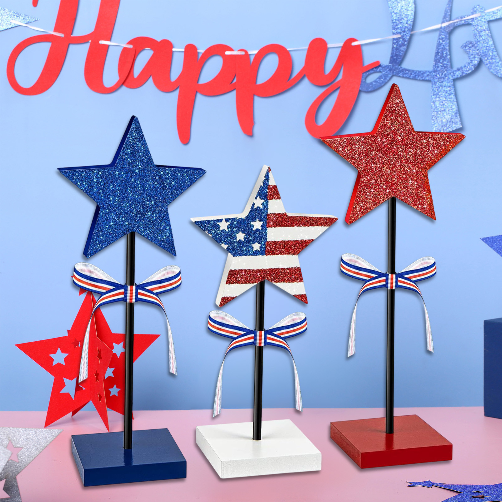 tupukom 4th of July Decorations 3pcs Memorial Day Table Decorations Independence Tabletop Centerpiece Wooden Rustic Farmhouse Party Supplies for Home Table Decor